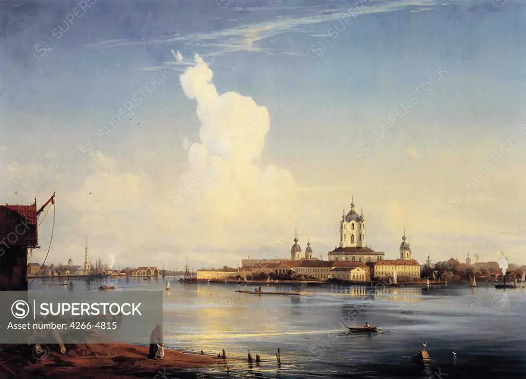 View of Smolny convent in Saint Petersburg by Alexei Petrovich Bogolyubov, oil on canvas, 1851, 1824-1896, Russia, Moscow, State Tretyakov Gallery, 118x168