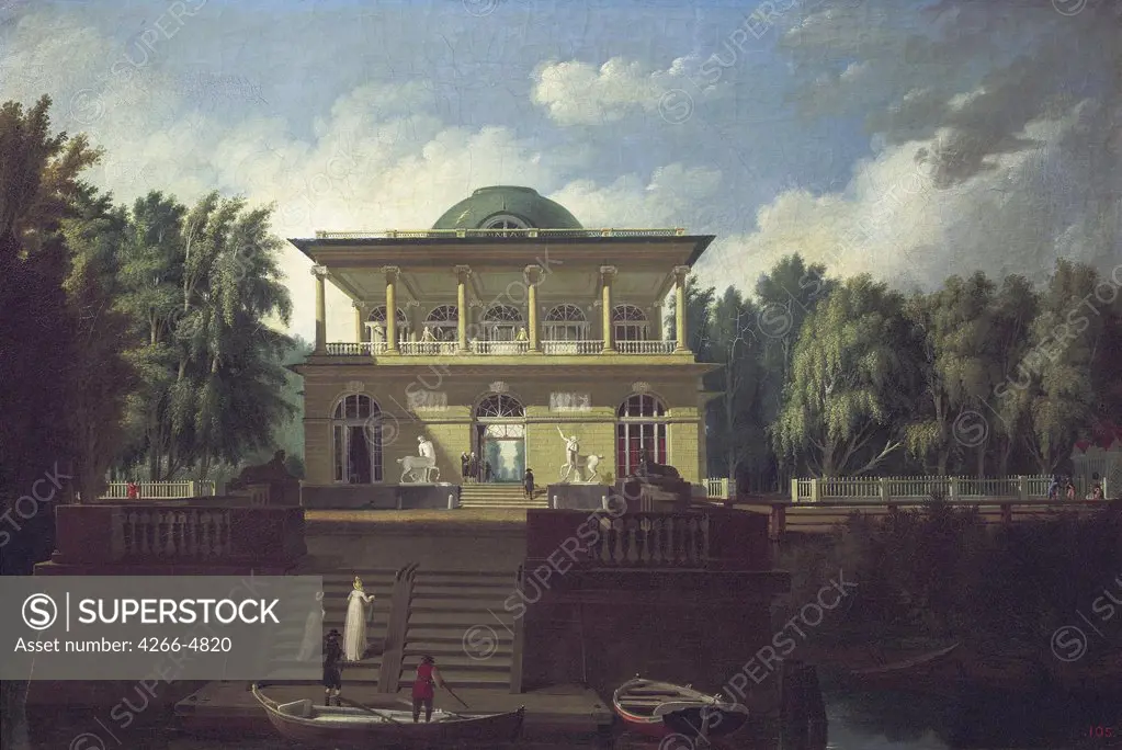 View of Stroganov family summer house in Saint Petersburg by Andrei Nikiforovich Voronikhin, oil on canvas, 1797, 1759-1814, Russia, St. Petersburg, State Russian Museum, 67, 5x100, 5