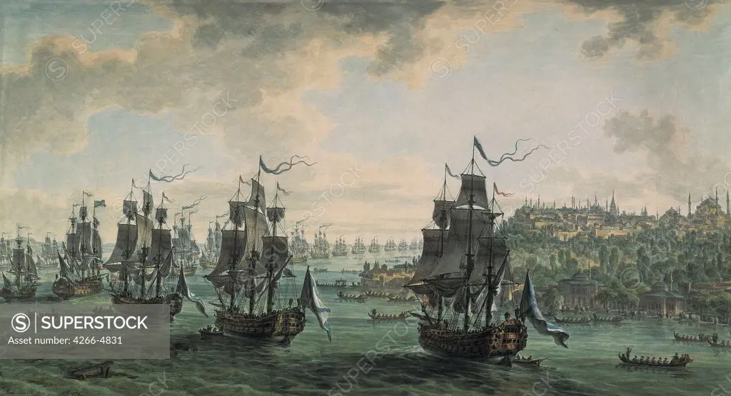 Tall ships on sea by Mikhail Matveevich Ivanov, watercolor on paper, 1799, 1748-1823, Russia, St. Petersburg, State Russian Museum, 54, 9x100
