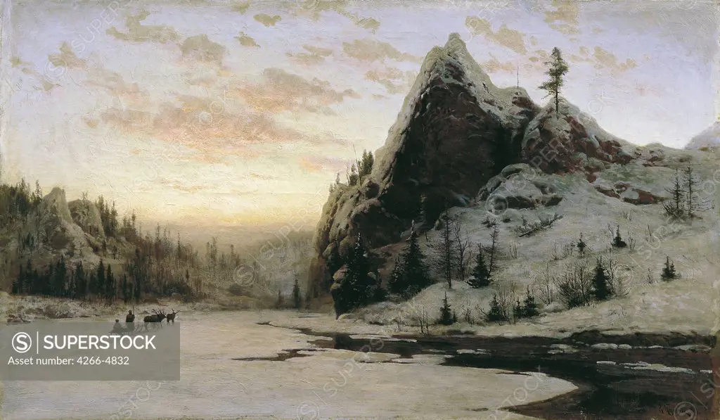 Winter landscape by Vladimir Gavrilovich Kasantsev, oil on canvas, 1888, 1849-1902, Russia, Irkutsk, State Art Museum, 71x120