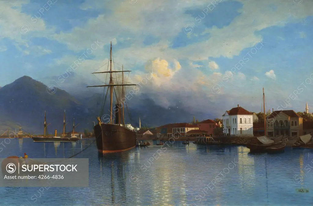 Landscape with tall ship by Lev Felixovich Lagorio, oil on canvas, 1881, 1827-1905, Russia, Orenburg, Regional Art Museum, 135x207