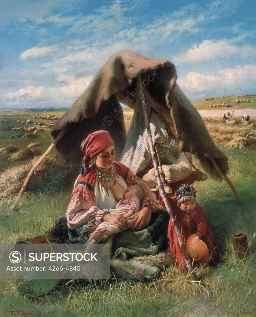 Mother feeding her child by Konstantin Yegorovich Makovsky, oil on canvas, 1871, 1839-1915, Russia, St. Petersburg, State Russian Museum, 78, 5x65