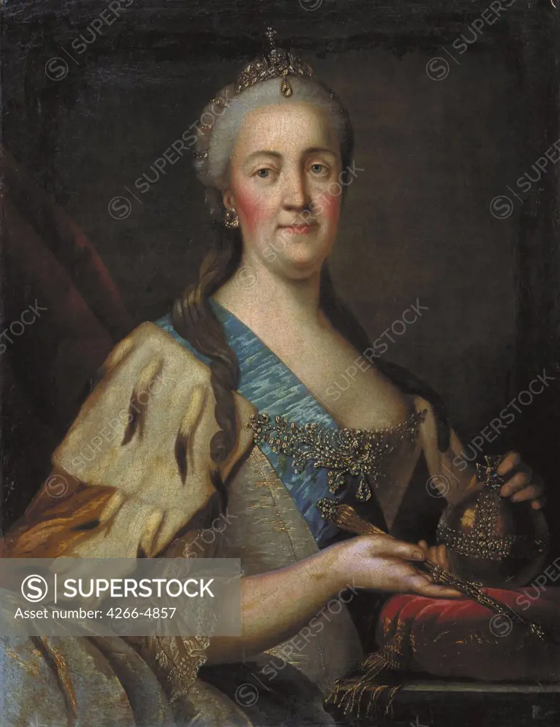 Portrait of tsarina Catherine the Great by Ivan Semyonovich Sablukov, oil on canvas, 1770s, 1735-1777, Russia, Nizhny Novgorod, State Art Museum, 85x65, 5