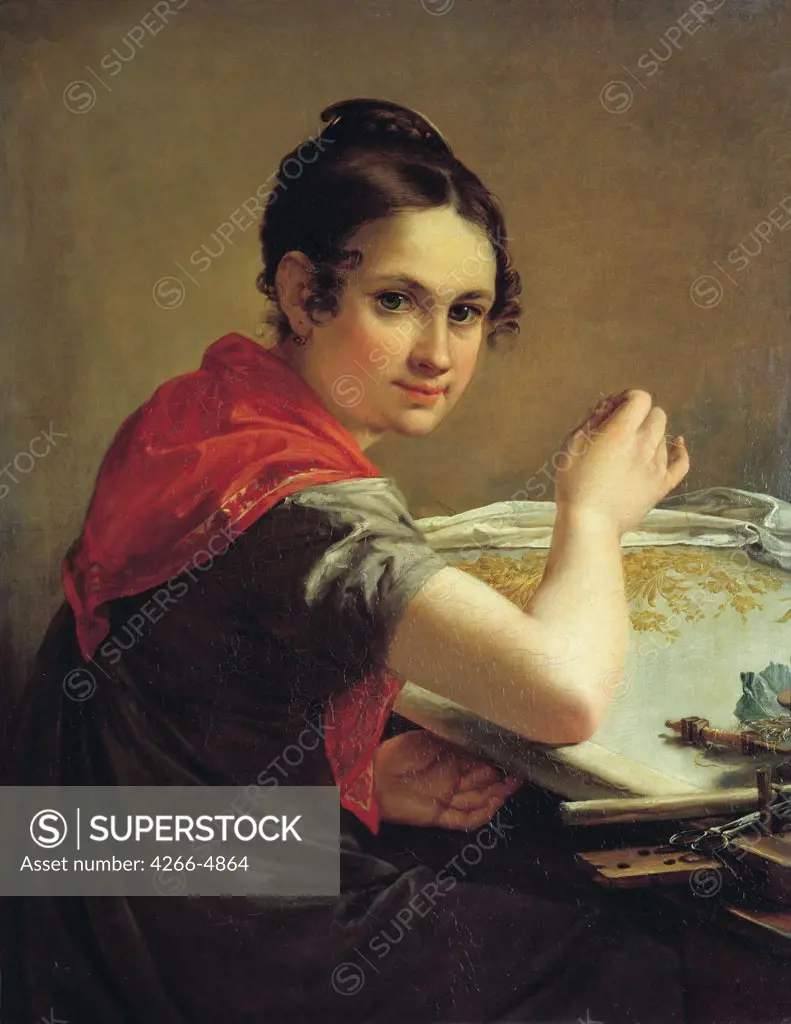 Portrait of young woman embroidering by Vasili Andreyevich Tropinin, oil on canvas, 1826, 1776-1857, Russia, Moscow, State Tretyakov Gallery, 81x64