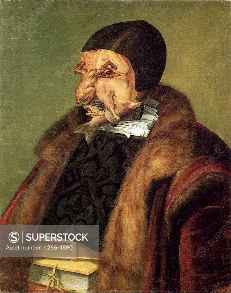 Surreal portrait of judge by Giuseppe Arcimboldo, oil on canvas, 1566, 1527-1593, Italy, Gripsholm Castle, Statens portrattsamling, 64x51