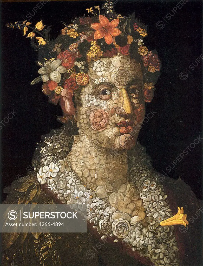 Surreal portrait of woman by Giuseppe Arcimboldo, oil on wood, circa 1591, 1527-1593, Private Collection, 72, 8x56, 3