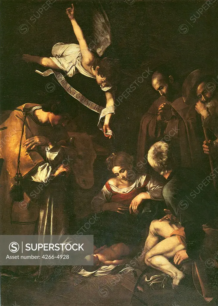 Adoration of the Christ Child by Michelangelo Caravaggio, Oil on canvas, 1609, 1571-1610, Italia, Palermo, San Lorenzo, 268x197