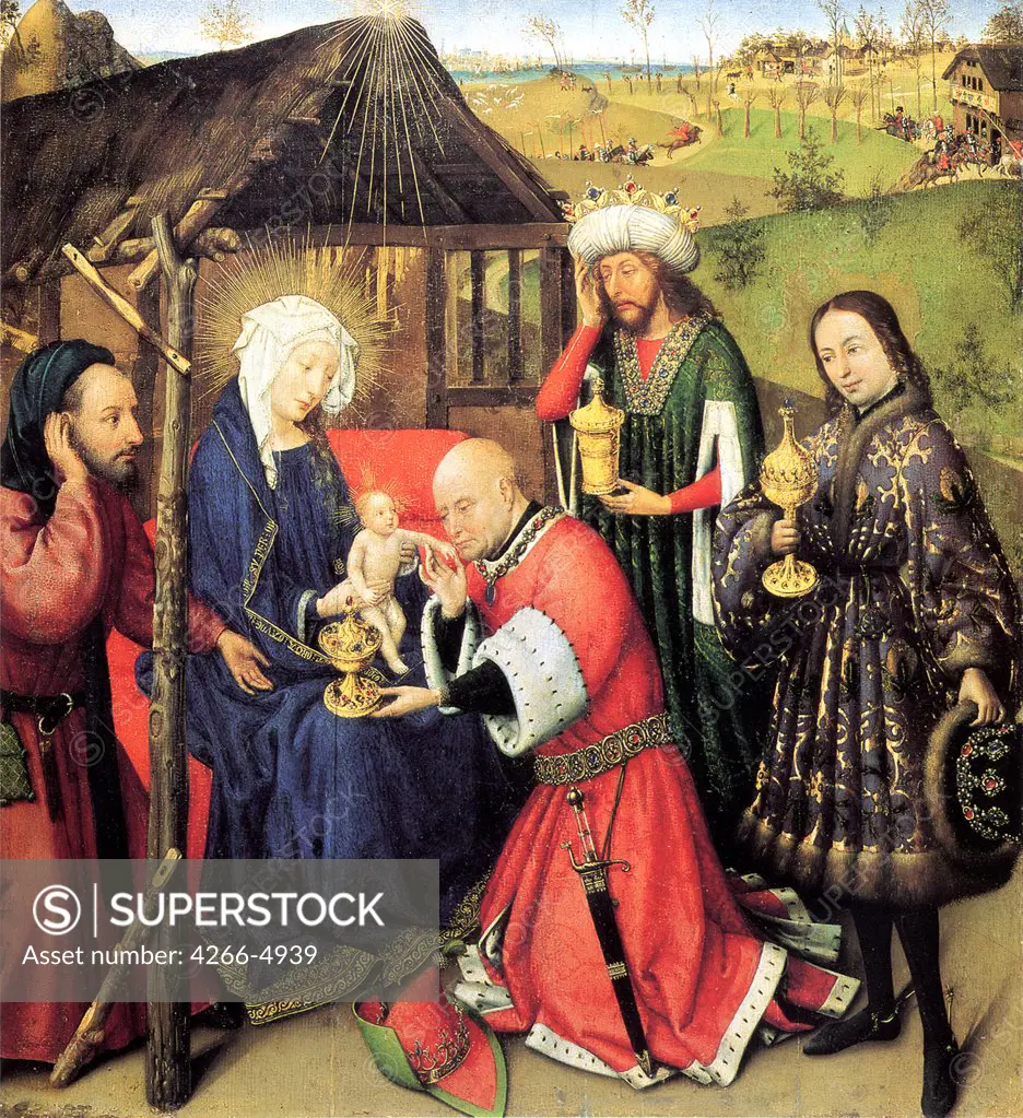 Adoration of the Christ Child by Daret, Jacques, Oil on wood, circa 1440, circa 1404- circa 1470, Germany, Berlin, Staatliche Museen, 57x52