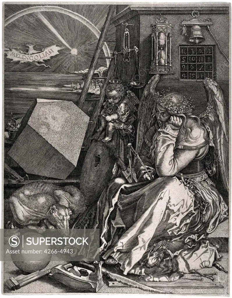 Melancholia by Albrecht Durer, Copper engraving, 1514, 1471-1528, Private Collection, 24x18, 6