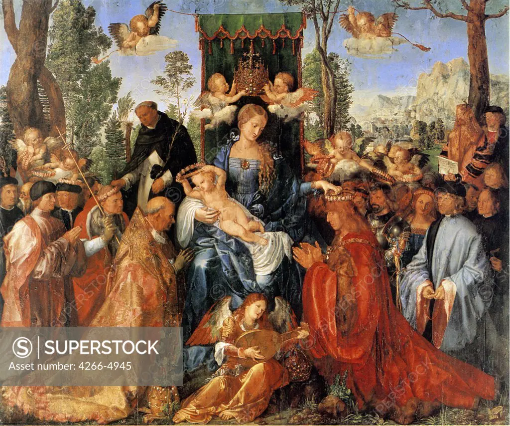 Feast of Rosary by Albrecht Durer, Oil on wood, 1506, 1471-1528, Czech Republic, Prague, National Gallery, 162x194, 5