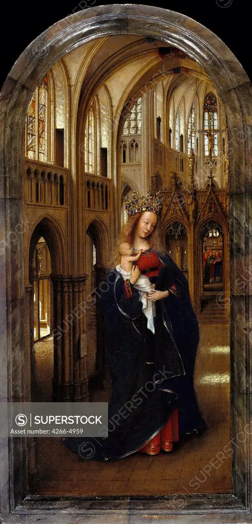 Religious illustration with Virgin Mary and Jesus Christ by Jan van Eyck, oil on wood, circa 1425, 1390-1441, Germany, Berlin, Staatliche Museen, 31x14