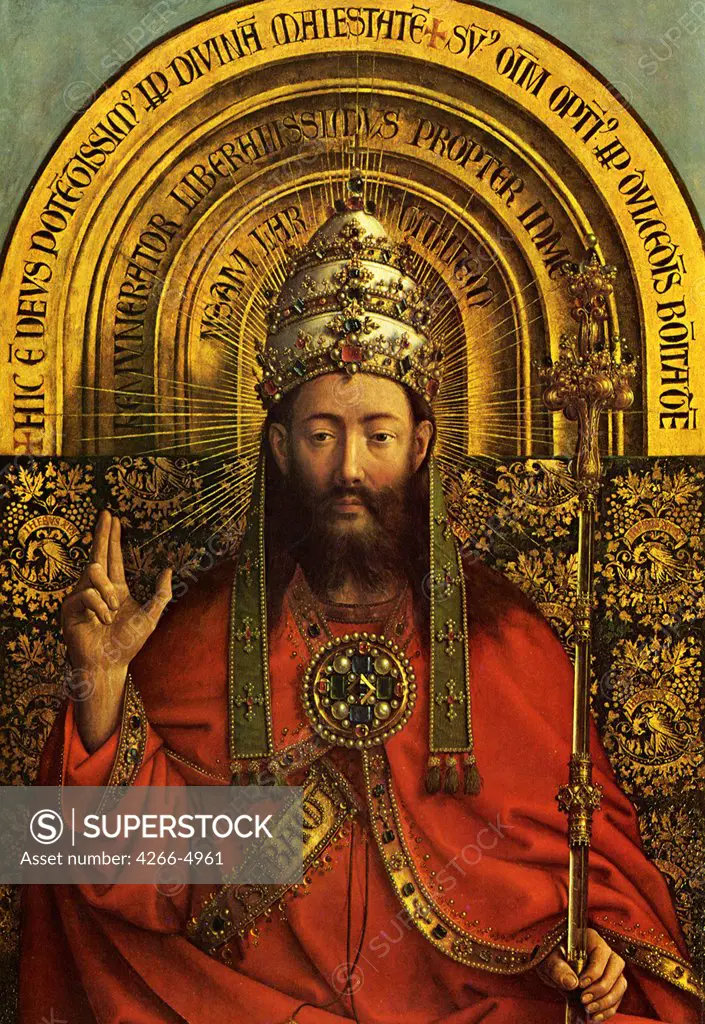 Religious illustration with Jesus Christ by Jan van Eyck, oil on wood, 1432, 1390-1441, Belgium, Ghent, Saint Bavo Cathedral