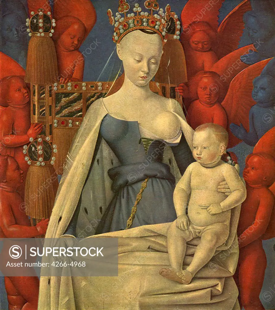 Religious illustration with Virgin Mary and Jesus Christ by Jean Fouquet, oil on wood, circa 1450, 1420-1481, Belgium, Antwerp, Royal Museum of Fine Arts, 93x85