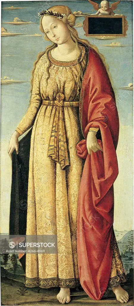 Illustration with woman by Bernardino Fungai, oil on wood, circa 1497, 1460-1516, Private Collection, 97x43