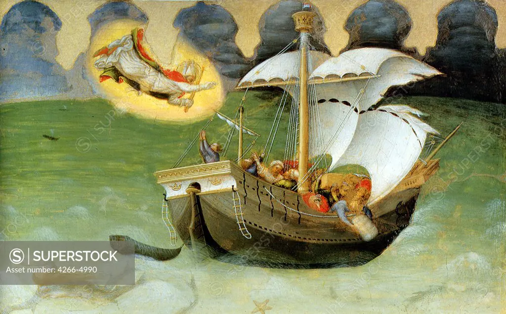 Religious illustration with Saint Nicholas and sailing boat by Gentile da Fabriano, tempera on panel, 1425, circa 1370-1427, Italy, Rome, Pinacoteca Vaticana, 37x62