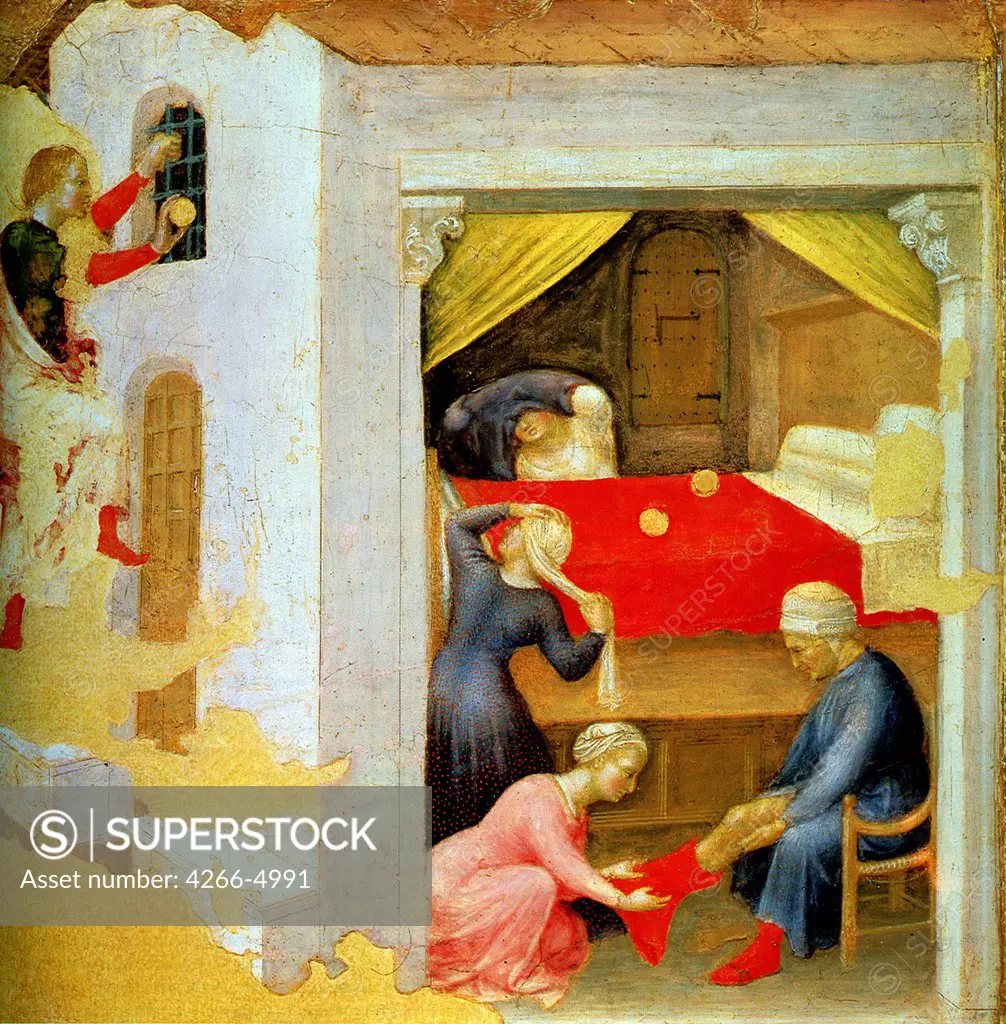 Religious illustration with Saint Nicholas by Gentile da Fabriano, tempera on panel, 1425, circa 1370-1427, Italy, Rome, Pinacoteca Vaticana, 37x37