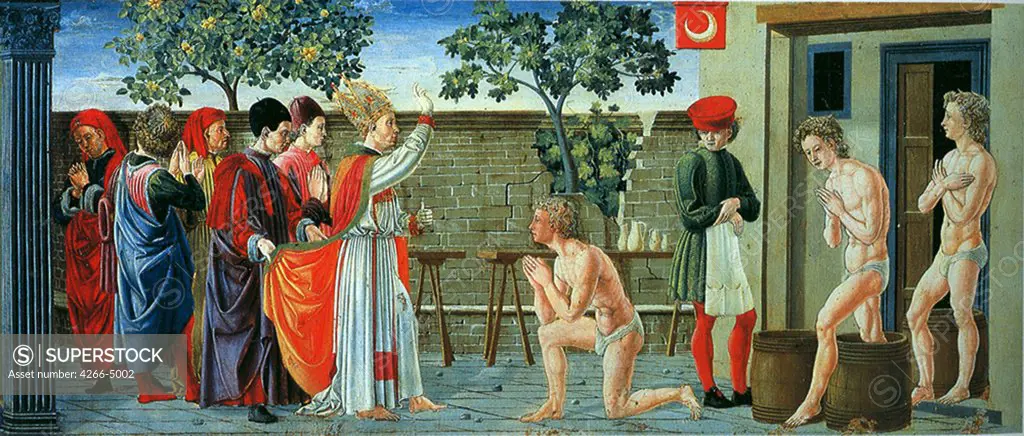Religious illustration with Saint Nicholas by Giovanni di Francesco Toscani, tempera on panel, circa 1457, 1372-1430, Italy, Florence, Casa Buonarroti, 73 x 158