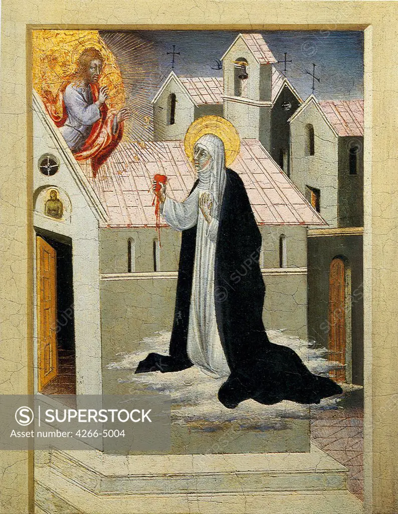 Saint Catherine of Sienna with Jesus Christ by Giovanni di Paolo, tempera on panel, 1461, circa 1403-1482, Private Collection, 28, 6x22, 9