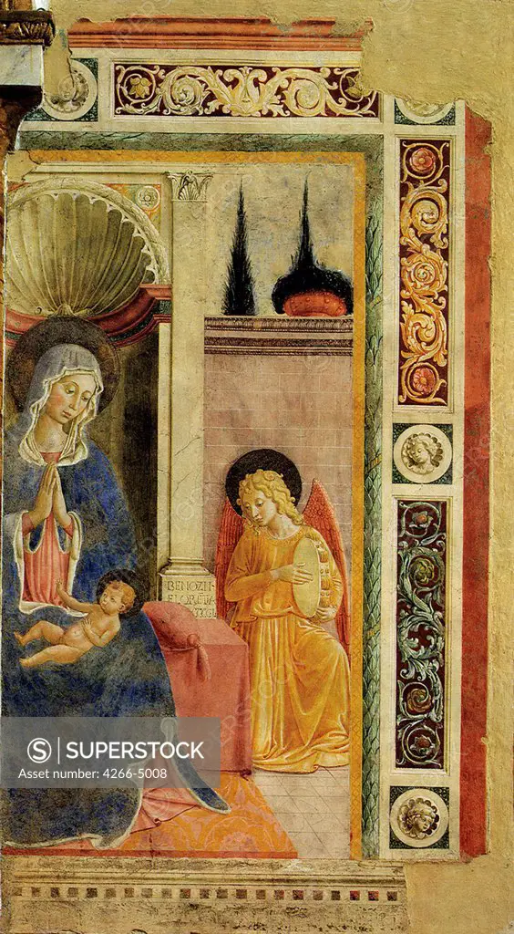 Religious illustration with Virgin Mary and Jesus Christ by Benozzo Gozzoli, fresco, circa 1450, circa 1420-1497, Italy, Montefalco, San Fortunato, 250x135