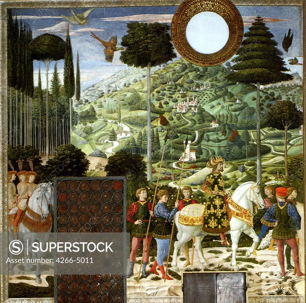 Landscape with people in historical clothing by Benozzo Gozzoli, fresco, 1459-1461, circa 1420-1497, Italy, Florence, Palazzo Medici-Riccardi