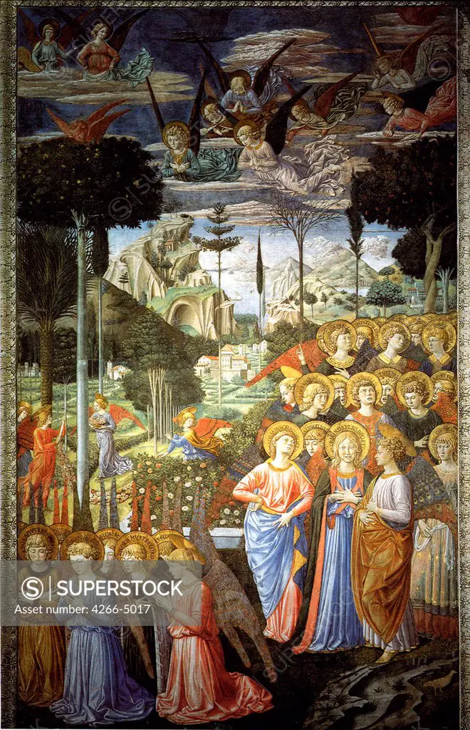 Landscape with praying angels by Benozzo Gozzoli, fresco, 1459-1461, circa 1420-1497, Italy, Florence, Palazzo Medici-Riccardi