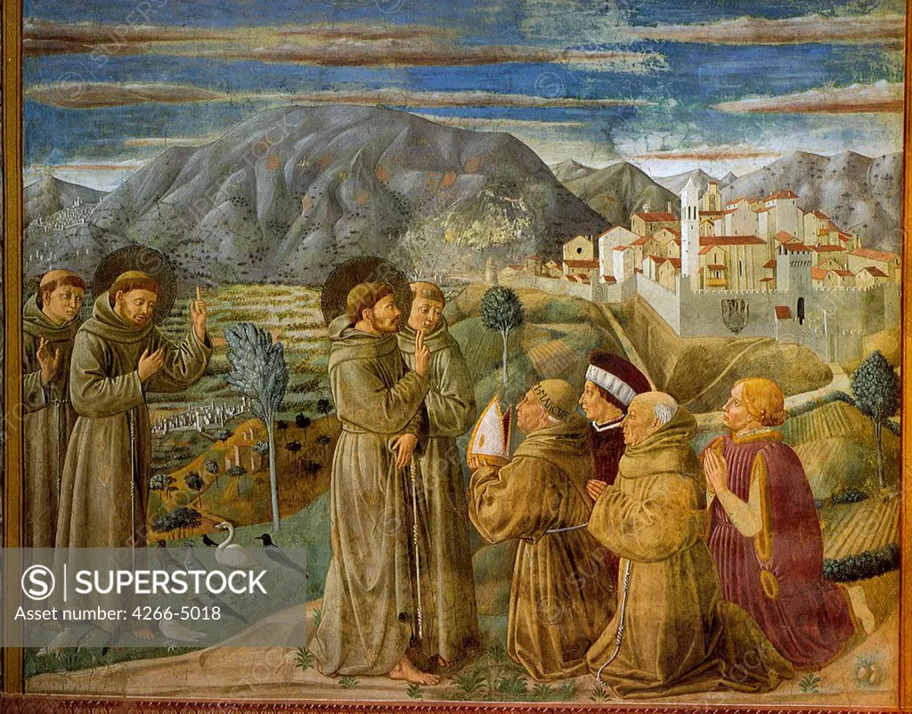 Religious illustration with Saint Francis by Benozzo Gozzoli, fresco, 1452, circa 1420-1497, Italy, Montefalco, Museo comunale di San Francesco