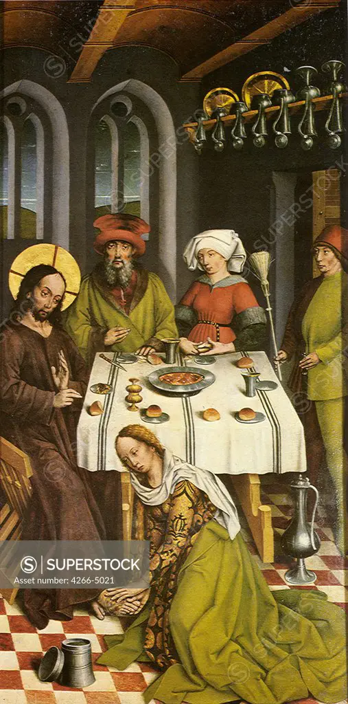 Mary Magdalene washing foot to Jesus Christ by Friedrich Herlin, oil on wood, 1462-1465, circa 1430-circa 1500, Germany, Nordlingen, Stadtisches Museum, 130x66