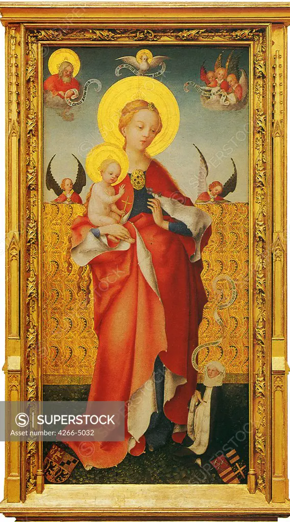 Religious illustration with Virgin Mary and Jesus Christ by Stephan Lochner, tempera and oil on wood, circa 1400/10-1451, 15th century, Germany, Cologne, Erzbischofliches Diozesanmuseum, 211x110