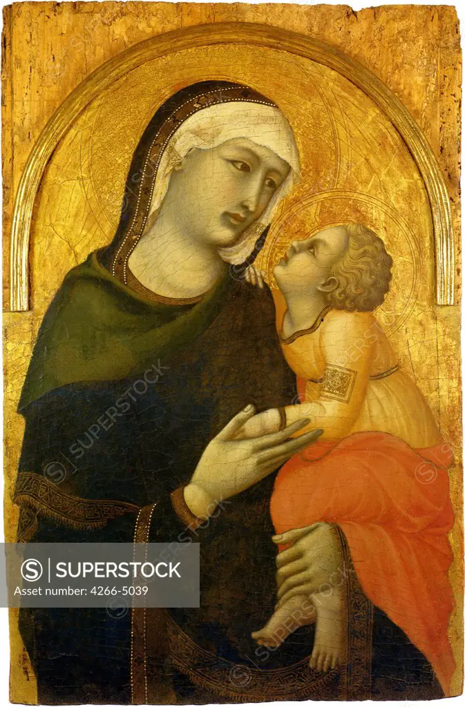 Religious illustration with Virgin Mary and Jesus Christ by Pietro Lorenzetti, tempera on panel, circa 1320, circa 1300-circa 1348, Italy, Pienza, Museo diocesano, 71x47