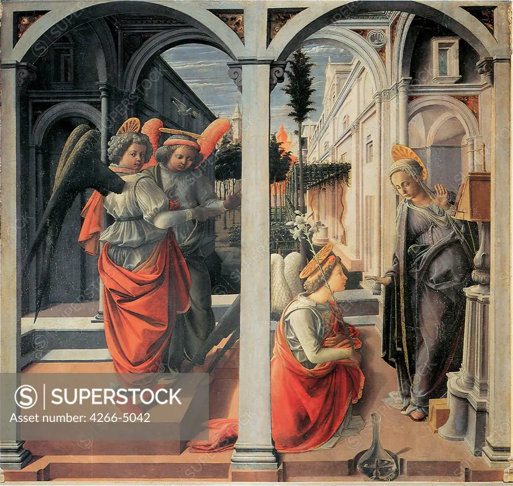 Annunciation by Fra Filippo Lippi, tempera on panel, circa 1440, 1406-1469, Italy, Florence, Basilica di San Lorenzo, 175x183
