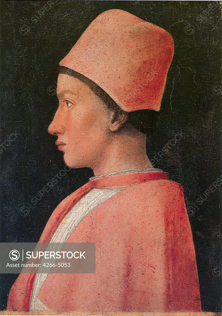 Portrait of cardinal Francesco Gonzaga by Andrea Mantegna, tempera on panel, 1461, 1431-1506, Italy, Naples, Museo di Capodimonte, 25, 5x18