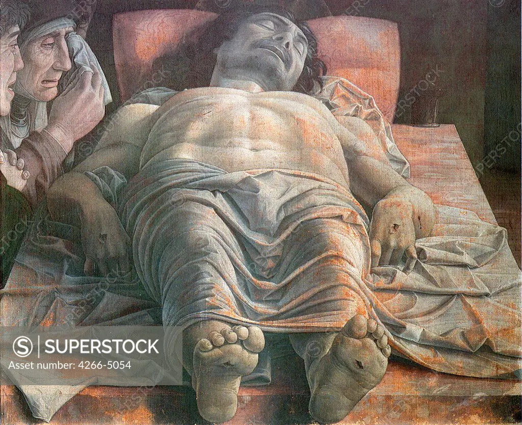 Dead body of Jesus Christ by Andrea Mantegna, tempera on canvas, circa 1490, 1431-1506, Italy, Milan, Pinacoteca di Brera, 68x81