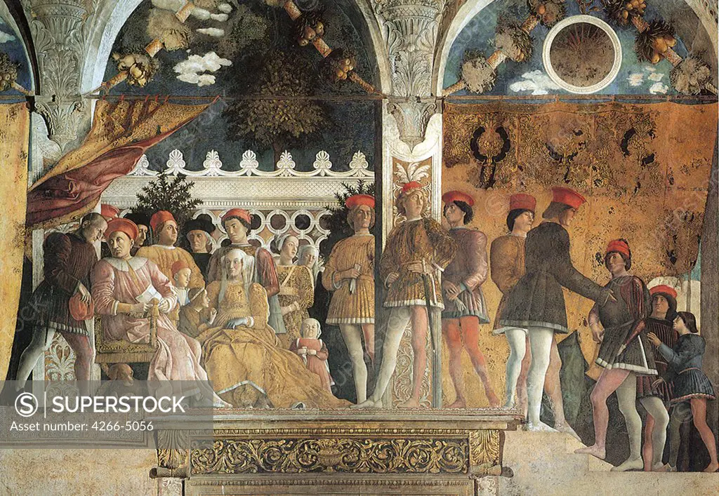 Illustration with italian aristocracy Francesco Gonzaga and Ludovicio Gonzaga by Andrea Mantegna, fresco, 1474, 1431-1506, Italy, Mantua, Palazzo Ducale