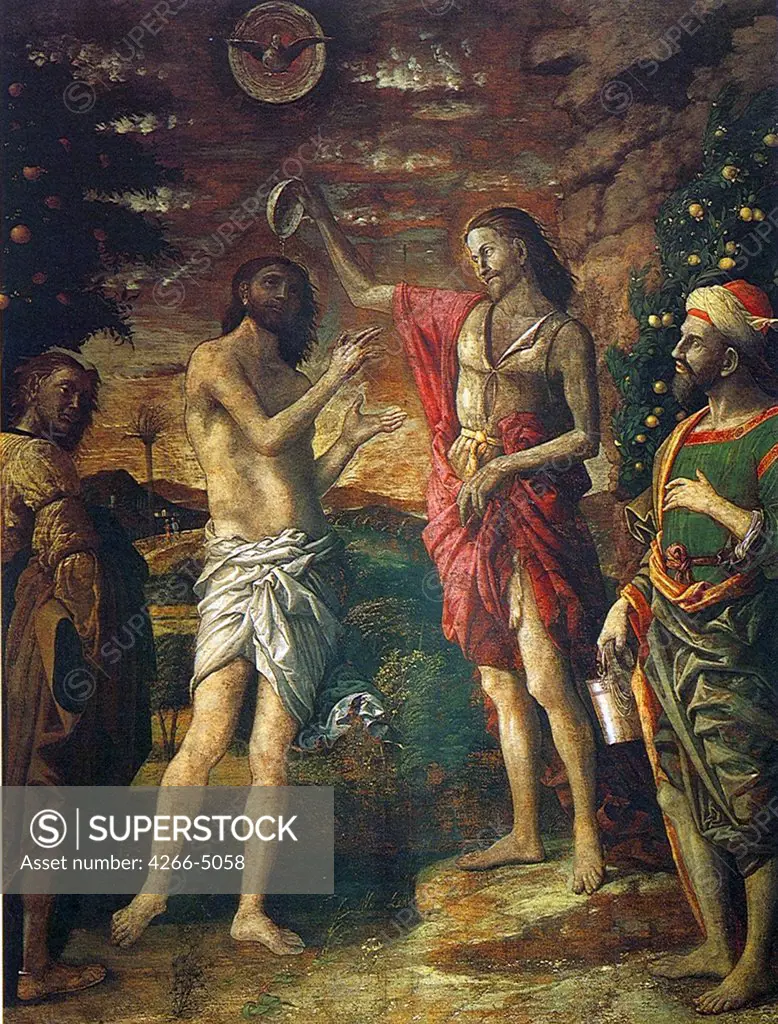 Baptism of Jesus Christ by Andrea Mantegna, tempera on canvas, circa 1505, 1431-1506, Italy, Mantua, Basilica di Sant'Andrea, Cappella del Mantegna, 176x230