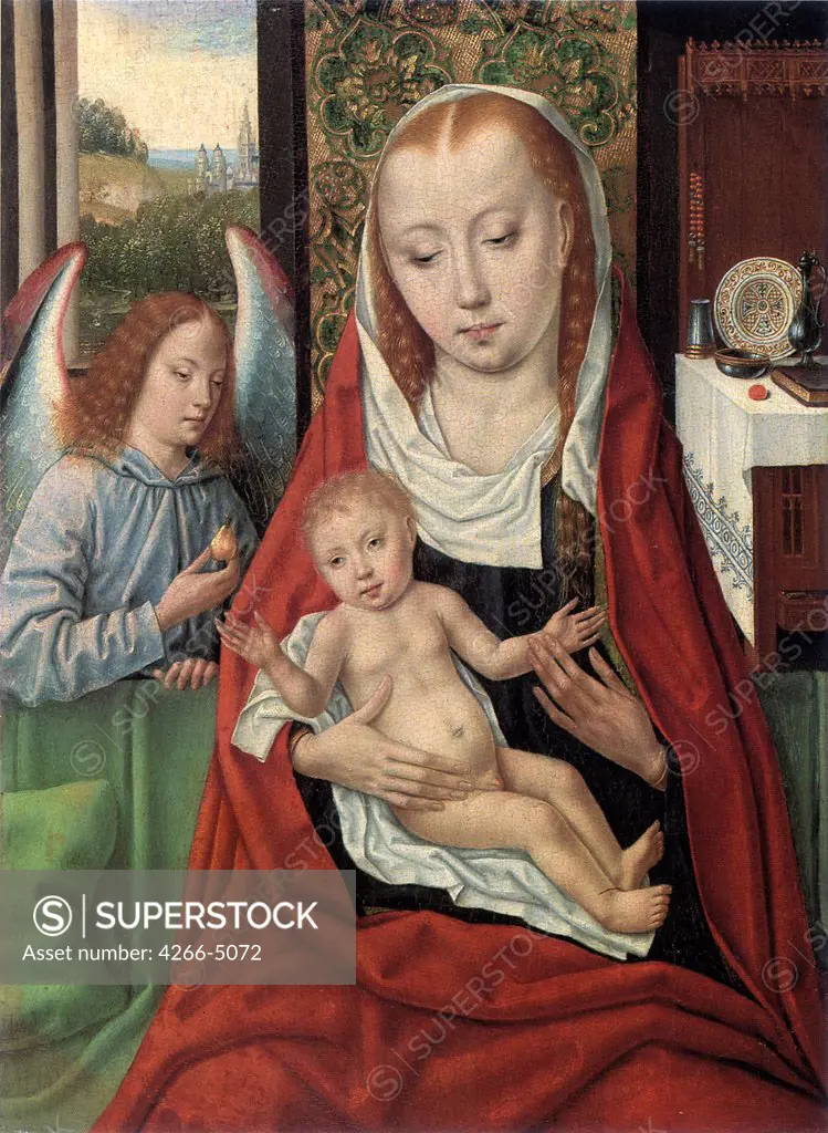 Virgin Mary with Jesus Christ as child and angel by Master of the legend of St. Ursula, oil on wood, circa 1490-1495, active circa 1485, Private Collection, 36x27