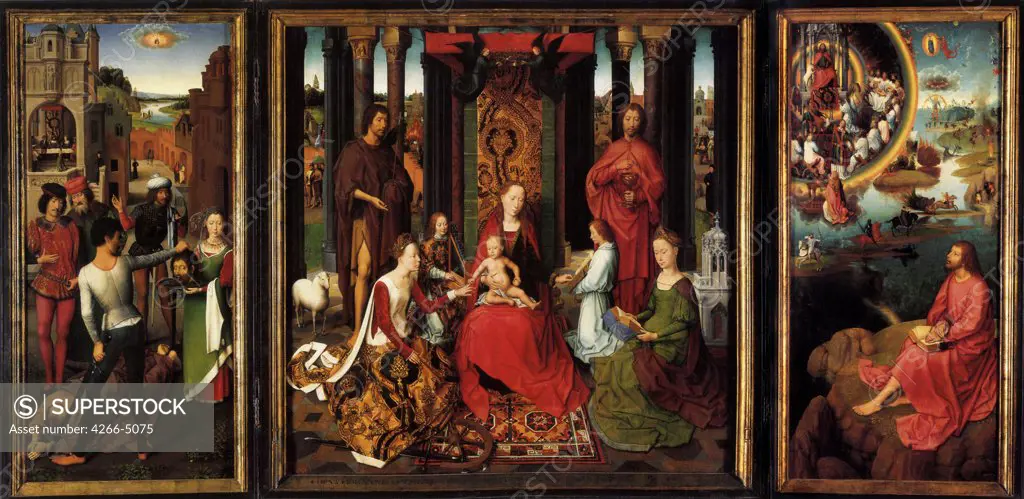 Religious illustration with Virgin Mary, Jesus Christ and Saint Catherine by Hans Memling, oil on wood, 1479, 1433/40-1494, Belgium, Bruges, Memlingmuseum