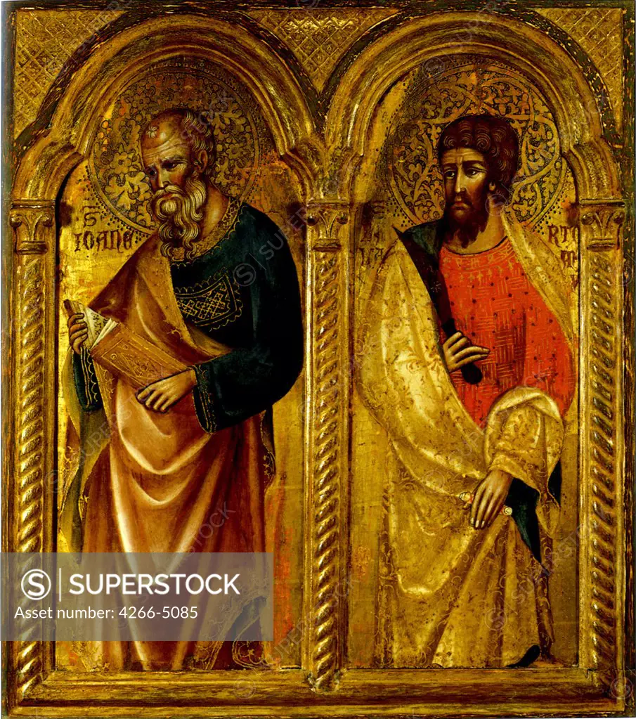 Religious illustration with Saint James and Saint Bartholomeo by Paolo Veneziano, tempera on panel, circa 1345, circa 1330-circa1360, Croatia, Zagreb, Muzej Mimara, 48, 8x42