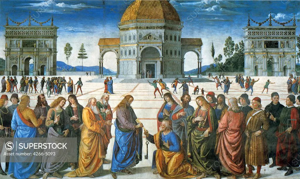 Religious illustration with Jesus Christ and Saint Peter by Perugino, fresco, 1481, circa 1450-1523, Vatican, The Sistine Chapel, 335x550