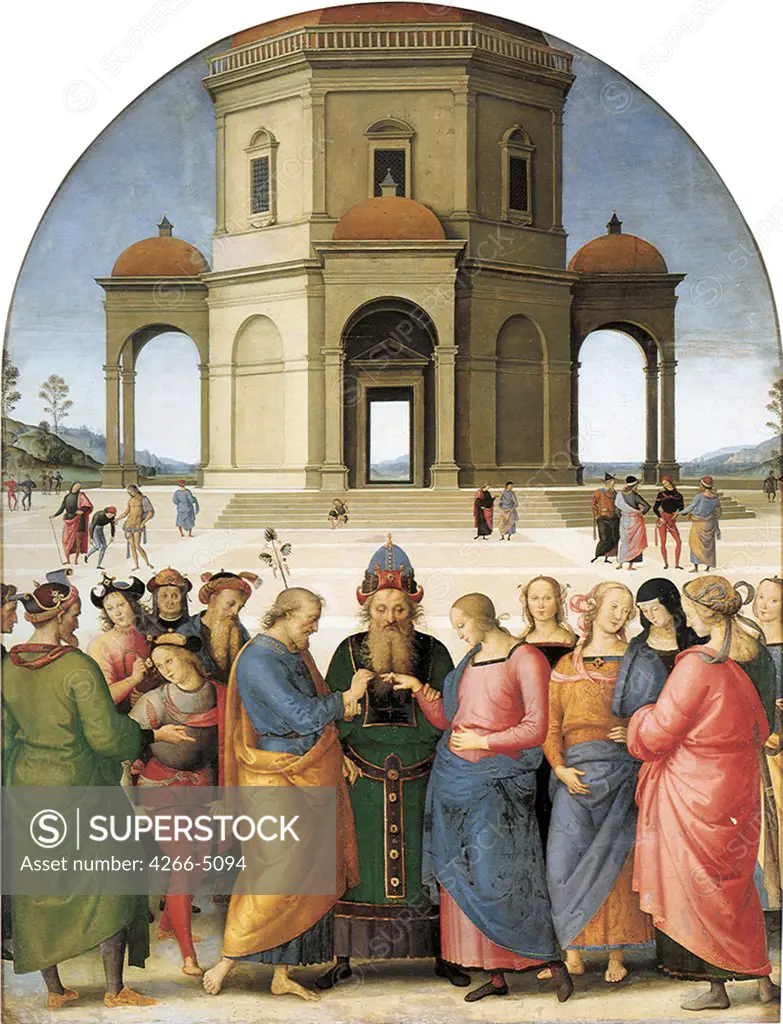 Marriage of Joseph and Mary by Perugino, oil on wood, 1502-1504, circa 1450-1523, France, Caen, Musee des Beaux-Arts, 234x185