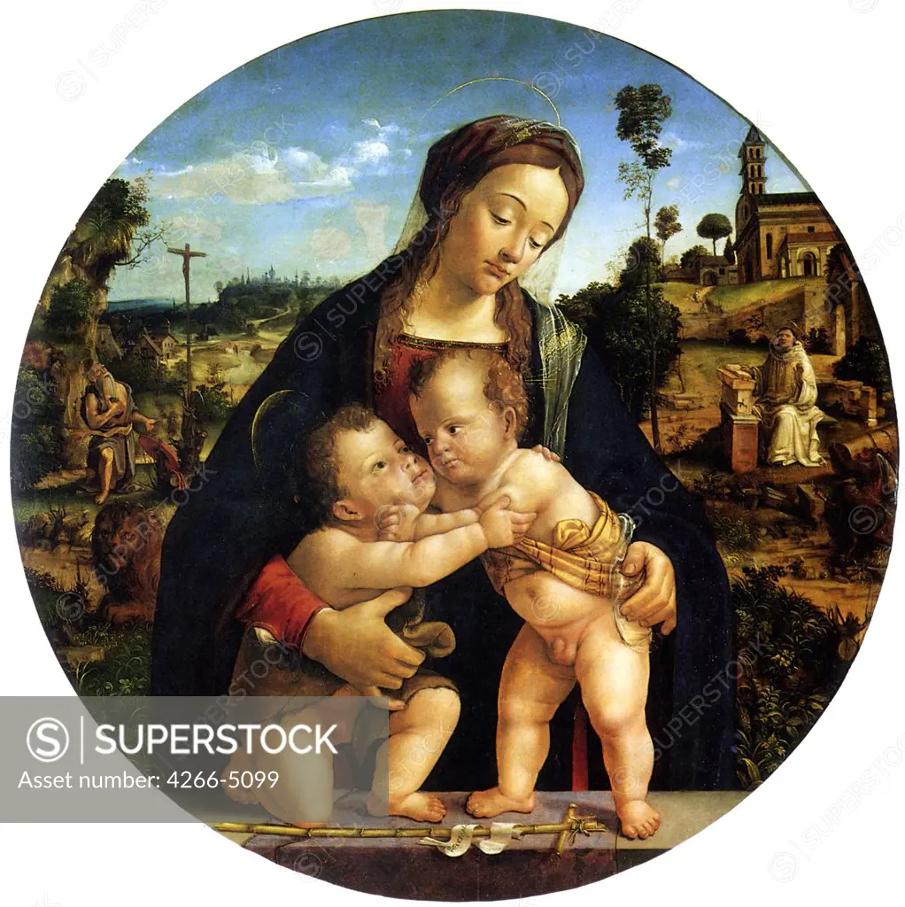 Virgin Mary with Jesus Christ and Saint John as children by Piero di Cosimo, oil on wood, circa 1500, circa 1462-circa 1521, France, Strasbourg, Musee des Beaux-Arts, D 93