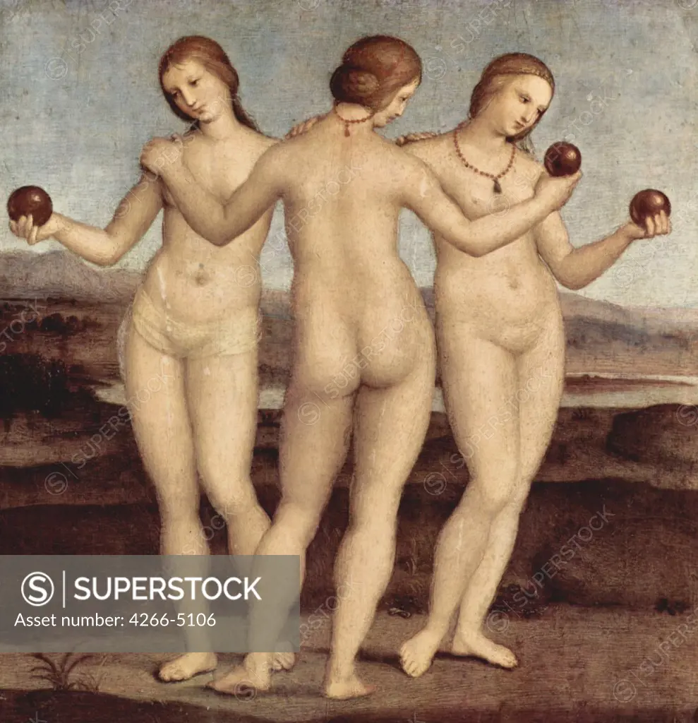 Three graces by Raphael, Oil on wood, 1504-1505, 1483-1520, Chantilly, Musee Conde, 17x17