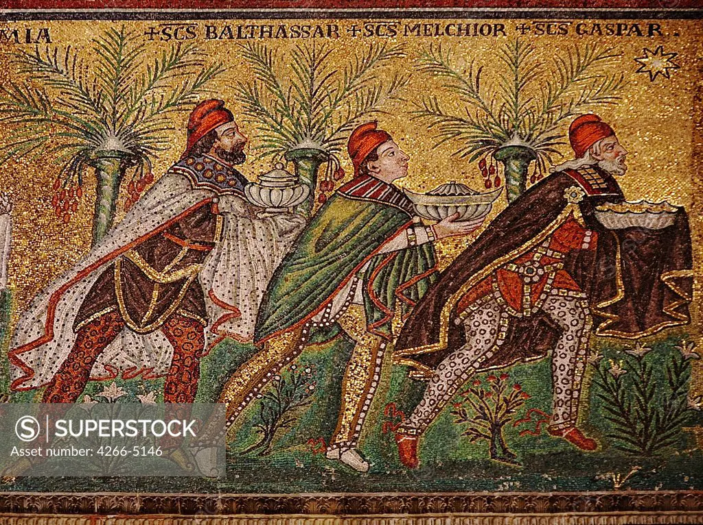 Three Kings by unknown artist, Mosaic, circa 520 AD, Italy, Ravenna, Basilika Sant'Apollinare Nuovo