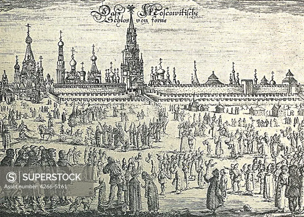 View of Kremlin by Anonymous painter, copper engraving, 1656, Private Collection