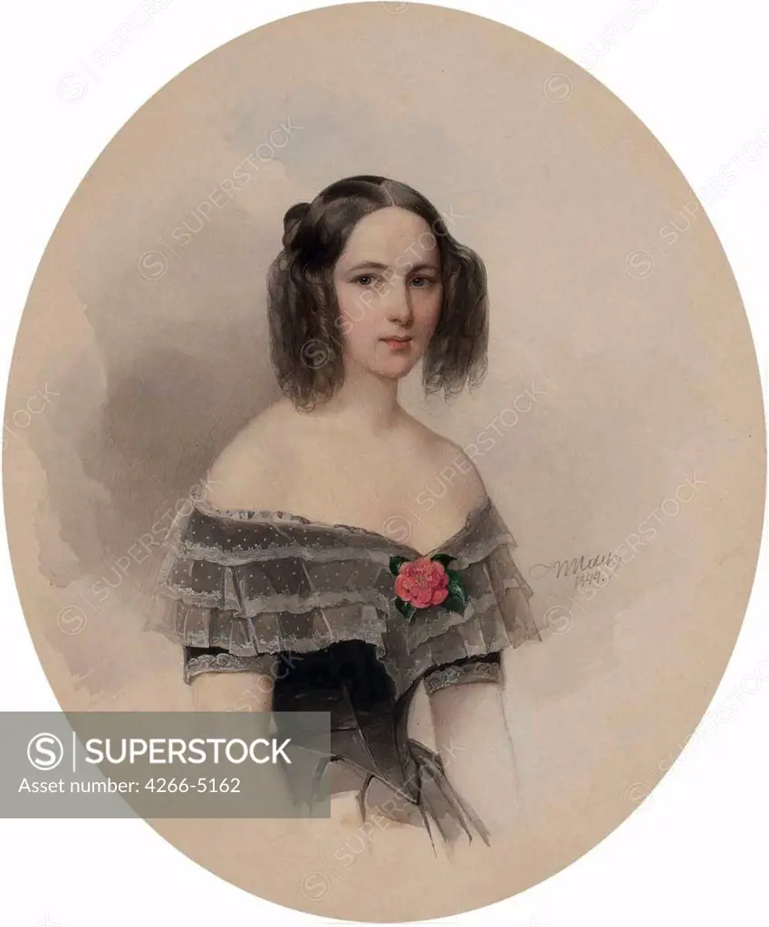 Portrait of Natalia Goncharova by Vladimir Ivanovich Hau, watercolor on paper, 1844, 1816-1895, Russia, St. Petersburg, State Hermitage