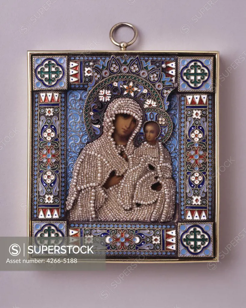 Icon with Virgin Mary and Jesus Christ by Firm of Pavel Ovchinnikov, tempera on wood, silver gilt, filigree enamels and seed pearls, active 1853-1917, 19th century, Private Collection