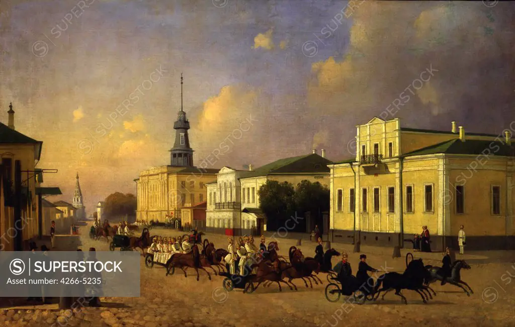 Scene from russian town by Russian master, oil on canvas, 1850s, Russia, Moscow, State Tretyakov Gallery, 91x142