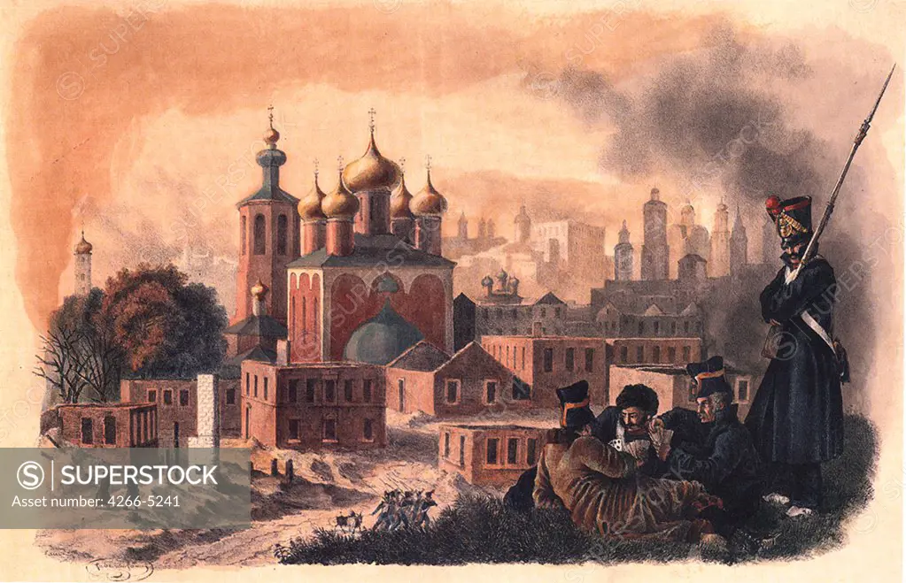 View of ruined town by Christian Wilhelm von Faber du Faur, etching, watercolor, 1830s, 1780-1857, Russia, Moscow, State Museum of A.S. Pushkin