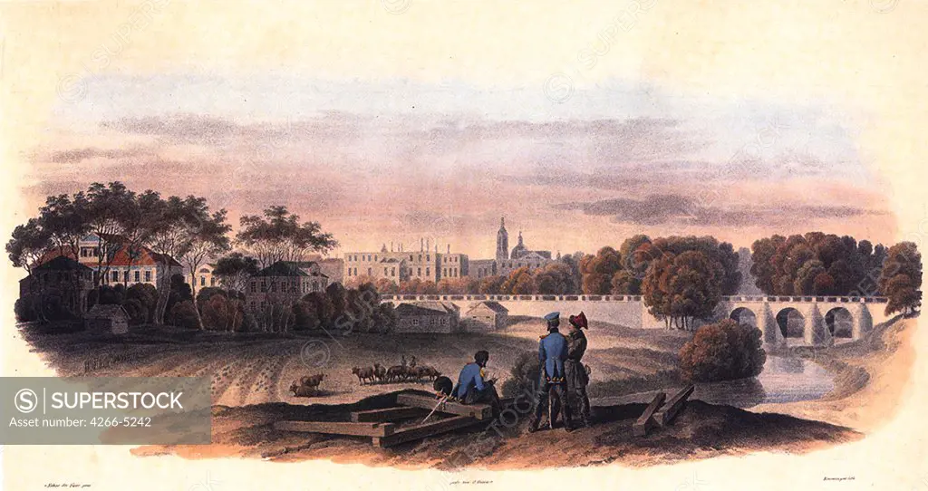 Soldiers looking at town by Christian Wilhelm von Faber du Faur, etching, watercolor, 1830s, 1780-1857, Russia, Moscow, State Museum of A.S. Pushkin
