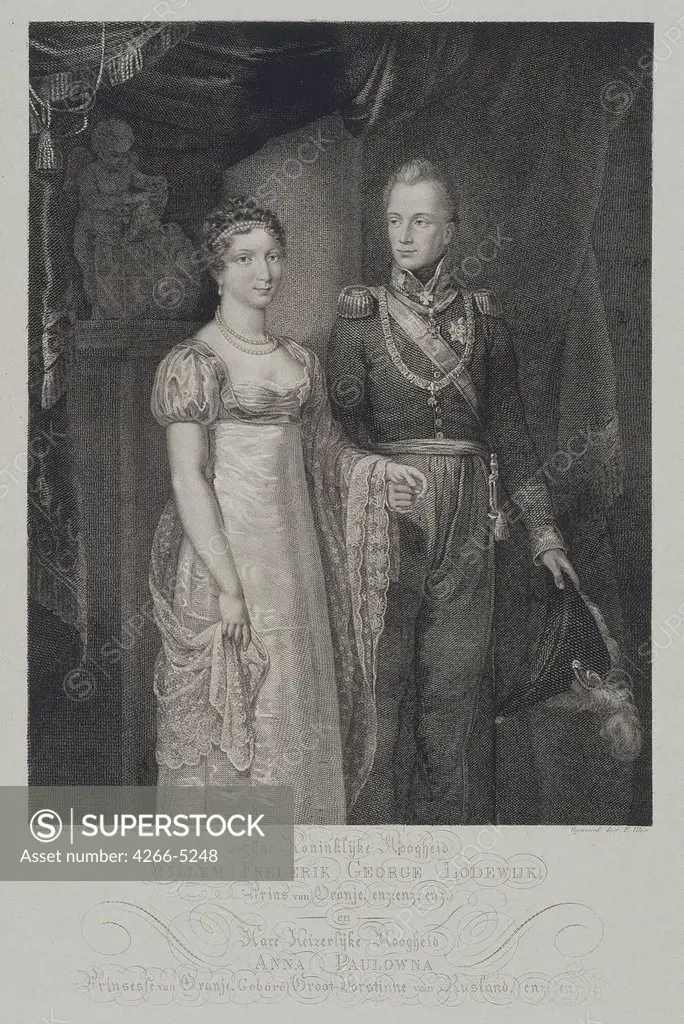 Portrait of Grand Duchess Anna Pavlovna with king William II by Philipp Velyn, etching, 1787-1836, Russia, St. Petersburg, State Hermitage, 63x47