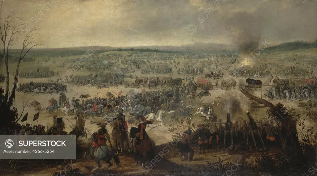 Battlefield by Simon de Vos, oil on copper, 1640s, 1603-1676, Russia, St. Petersburg, State Hermitage, 115x199